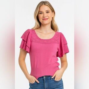 Neiman Marcus Pink Ruffled Flutter Sleeve Blouse